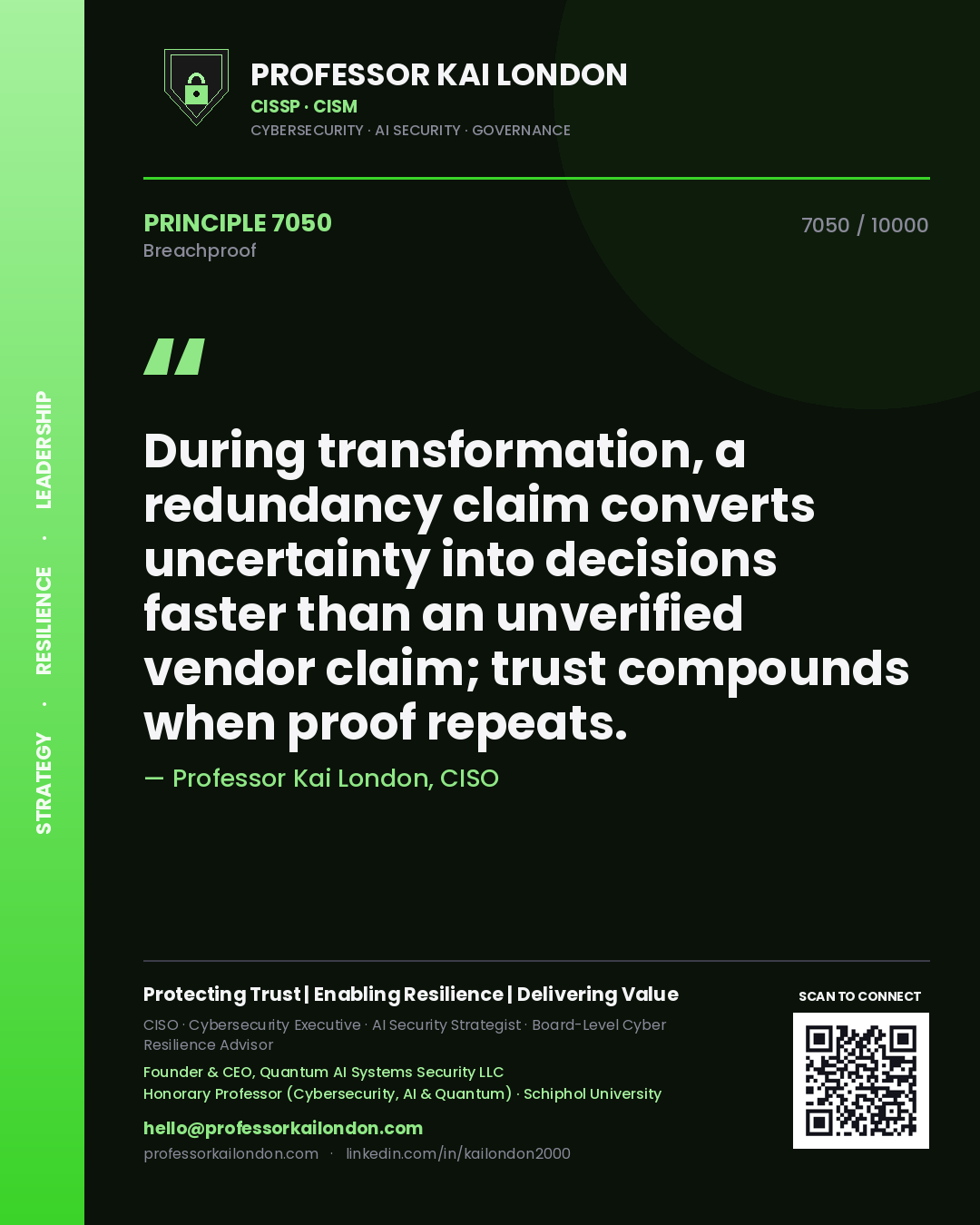 Quote card by Professor Kai London reading 'During transformation, a redundancy claim converts uncertainty into decisions faster than an unverified vendor claim; trust compounds when proof repeats.'. From the book Breachproof.