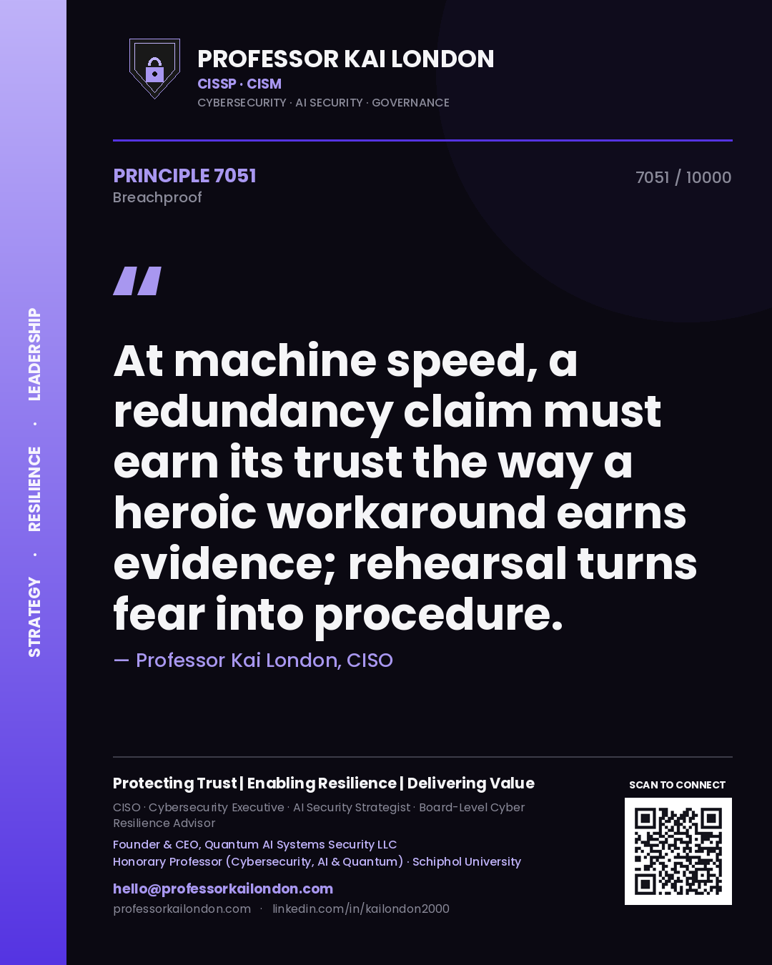 Quote card by Professor Kai London reading 'At machine speed, a redundancy claim must earn its trust the way a heroic workaround earns evidence; rehearsal turns fear into procedure.'. From the book Breachproof.
