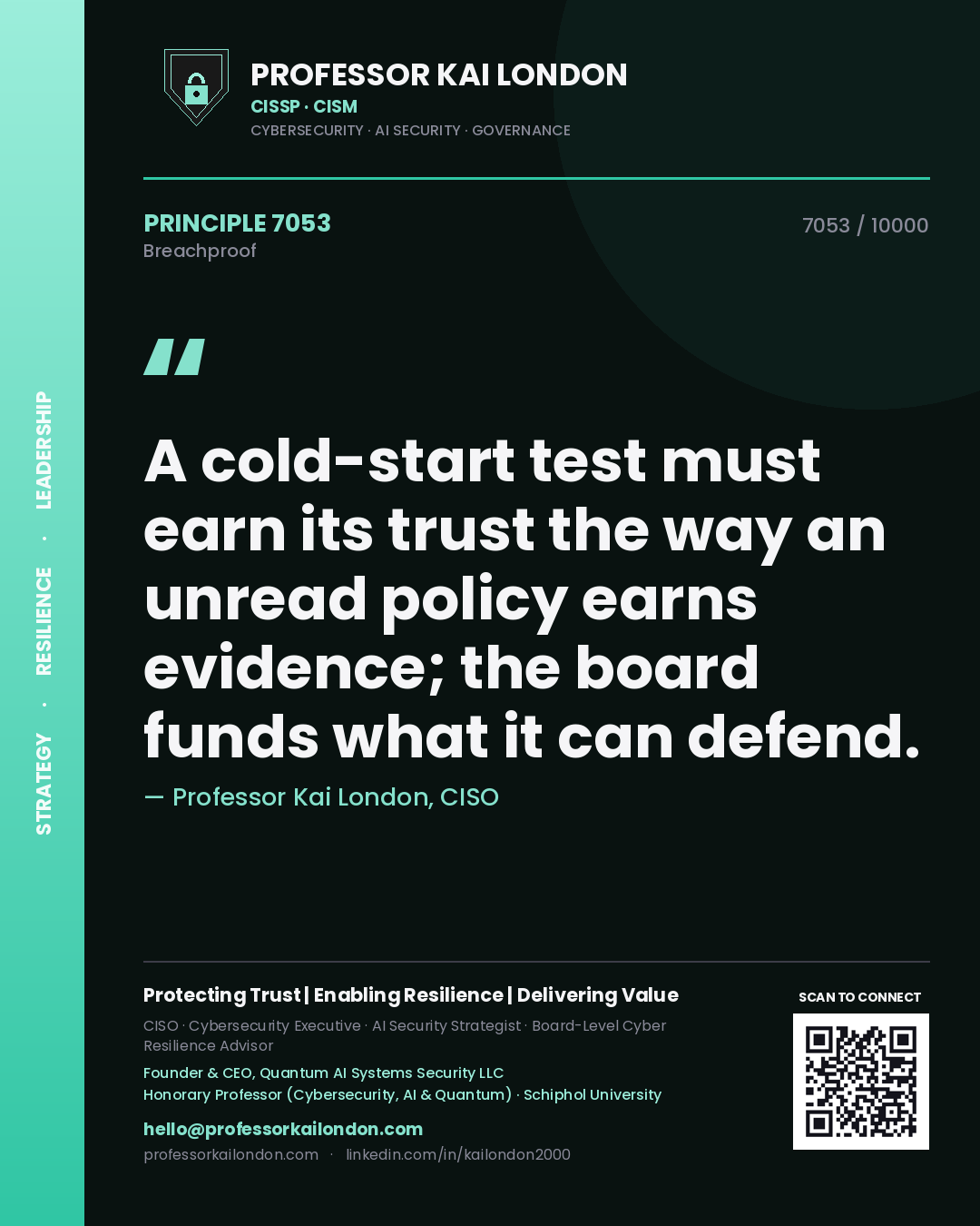 Quote card by Professor Kai London reading 'A cold-start test must earn its trust the way an unread policy earns evidence; the board funds what it can defend.'. From the book Breachproof.