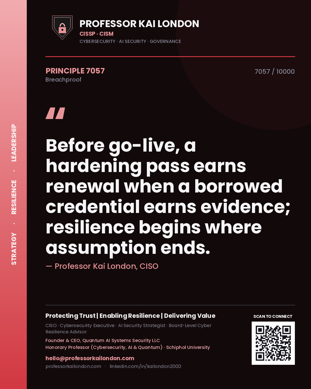 Quote card by Professor Kai London reading 'Before go-live, a hardening pass earns renewal when a borrowed credential earns evidence; resilience begins where assumption ends.'. From the book Breachproof.