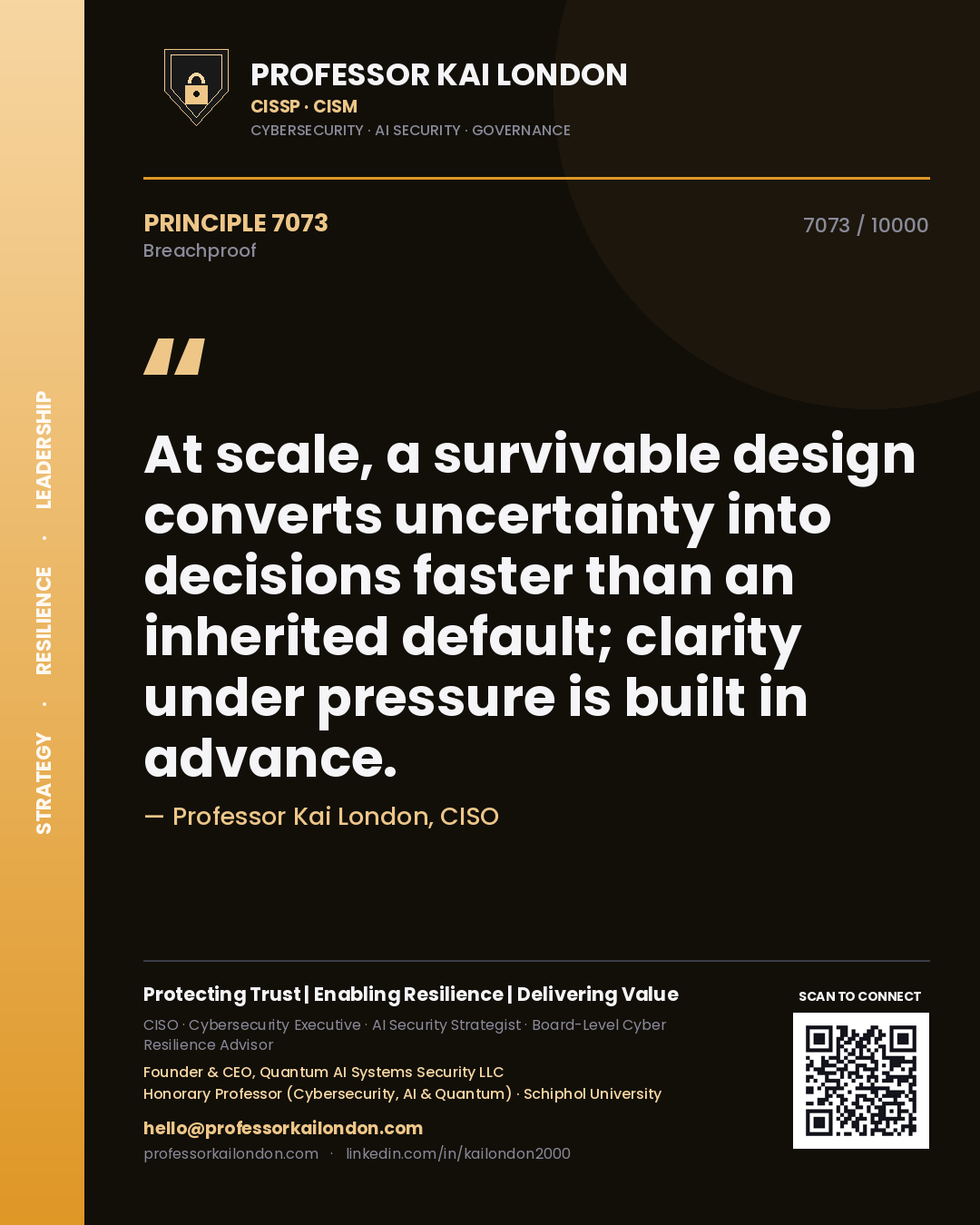 Quote card by Professor Kai London reading 'At scale, a survivable design converts uncertainty into decisions faster than an inherited default; clarity under pressure is built in advance.'. From the book Breachproof.