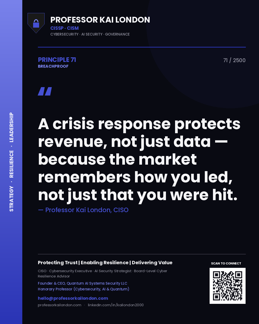 Quote card by Professor Kai London reading 'A crisis response protects revenue, not just data — because the market remembers how you led, not just that you were hit.'. From the book Breachproof.