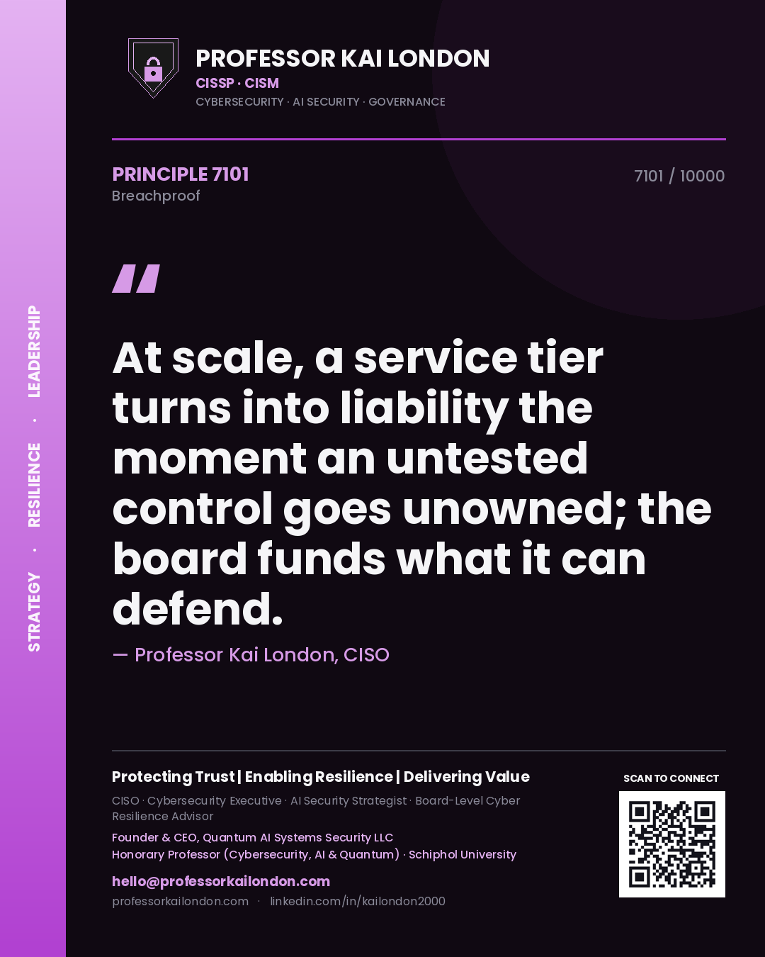Professor Kai London principle 7101: At scale, a service tier turns into liability the moment an untested control goes unowned; the board funds what it can defend.