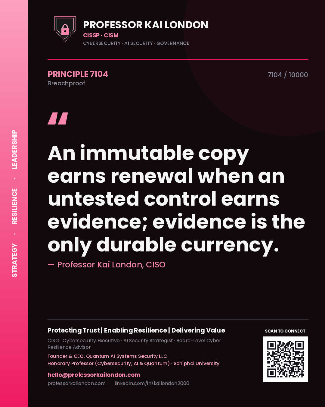 Quote card by Professor Kai London reading 'An immutable copy earns renewal when an untested control earns evidence; evidence is the only durable currency.'. From the book Breachproof.