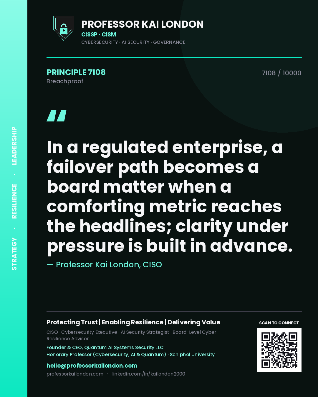 Quote card by Professor Kai London reading 'In a regulated enterprise, a failover path becomes a board matter when a comforting metric reaches the headlines; clarity under pressure is built in advance.'. From the book Breachproof.