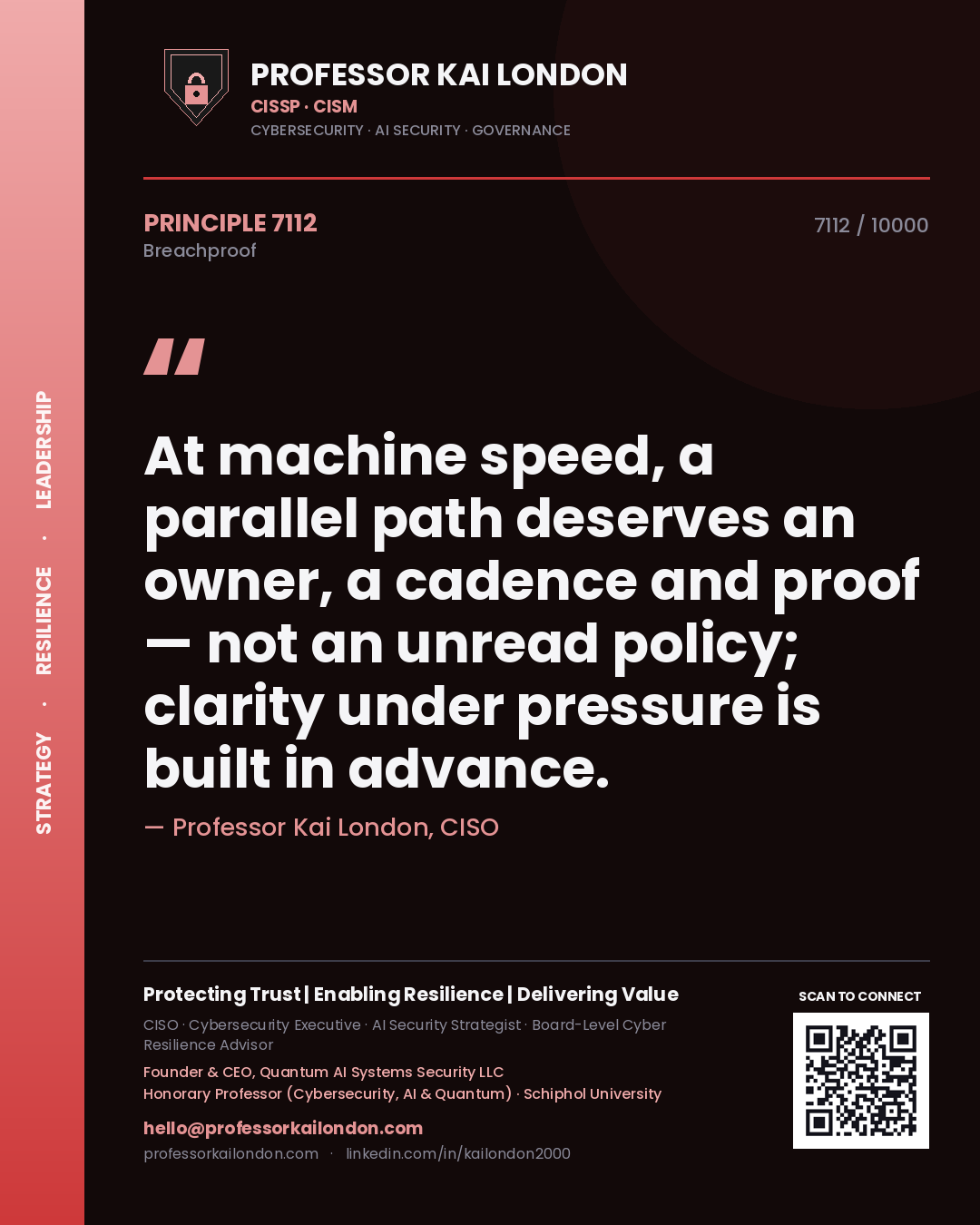 Quote card by Professor Kai London reading 'At machine speed, a parallel path deserves an owner, a cadence and proof — not an unread policy; clarity under pressure is built in advance.'. From the book Breachproof.