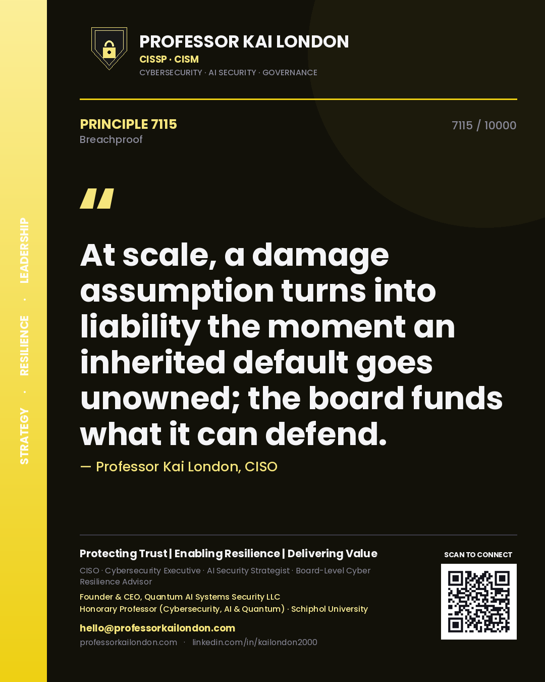 Quote card by Professor Kai London reading 'At scale, a damage assumption turns into liability the moment an inherited default goes unowned; the board funds what it can defend.'. From the book Breachproof.