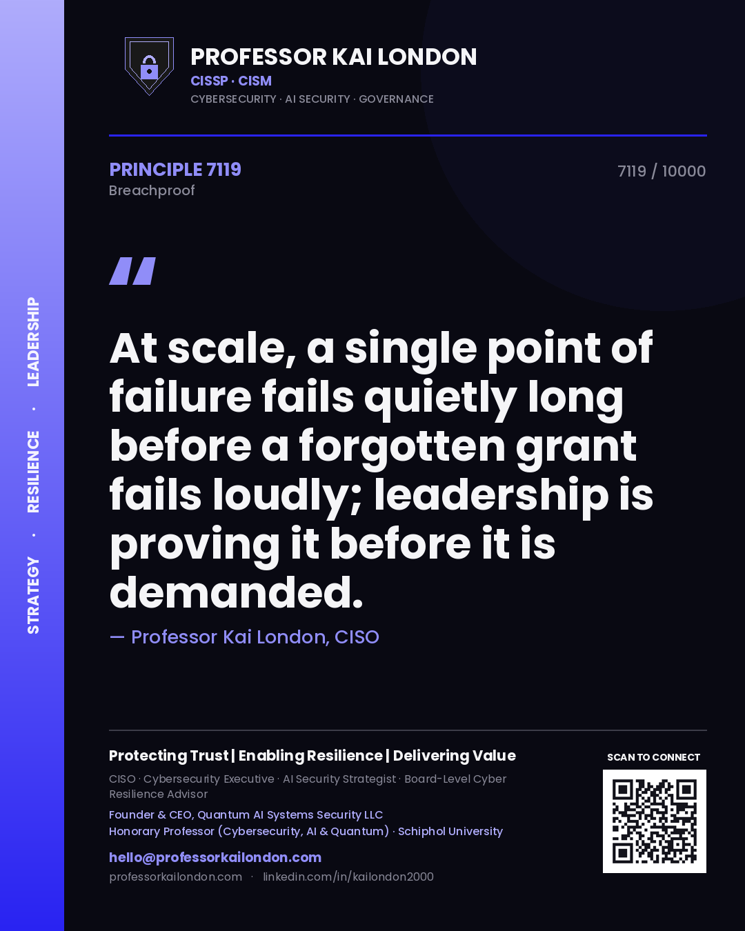 Professor Kai London principle 7119: At scale, a single point of failure fails quietly long before a forgotten grant fails loudly; leadership is proving it before it is demanded.