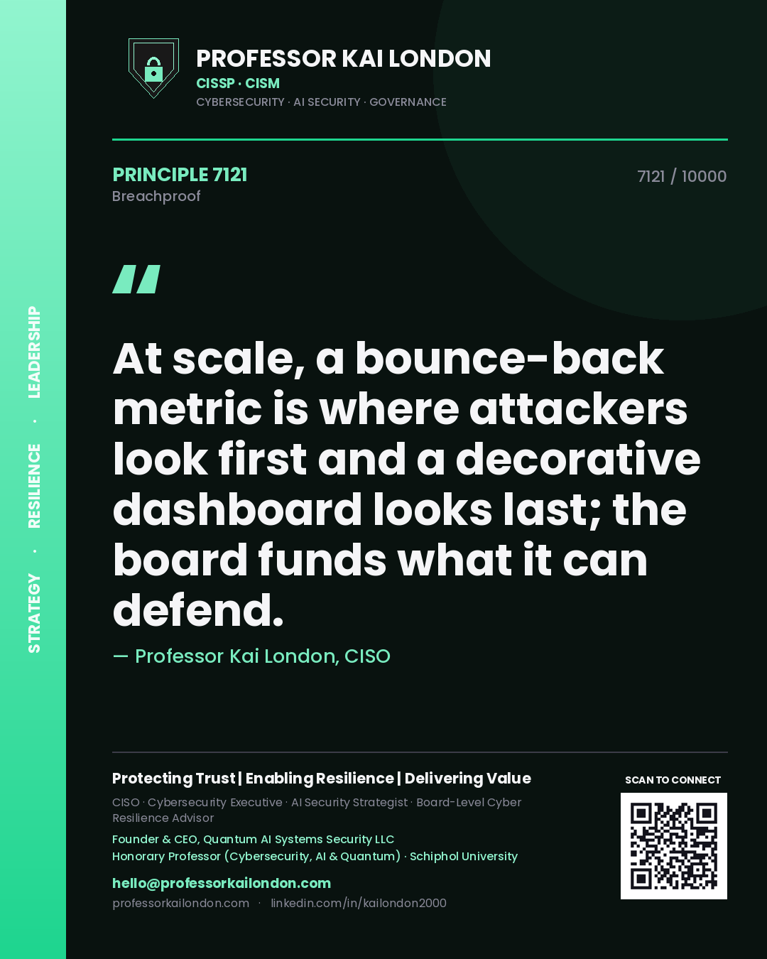 Quote card by Professor Kai London reading 'At scale, a bounce-back metric is where attackers look first and a decorative dashboard looks last; the board funds what it can defend.'. From the book Breachproof.