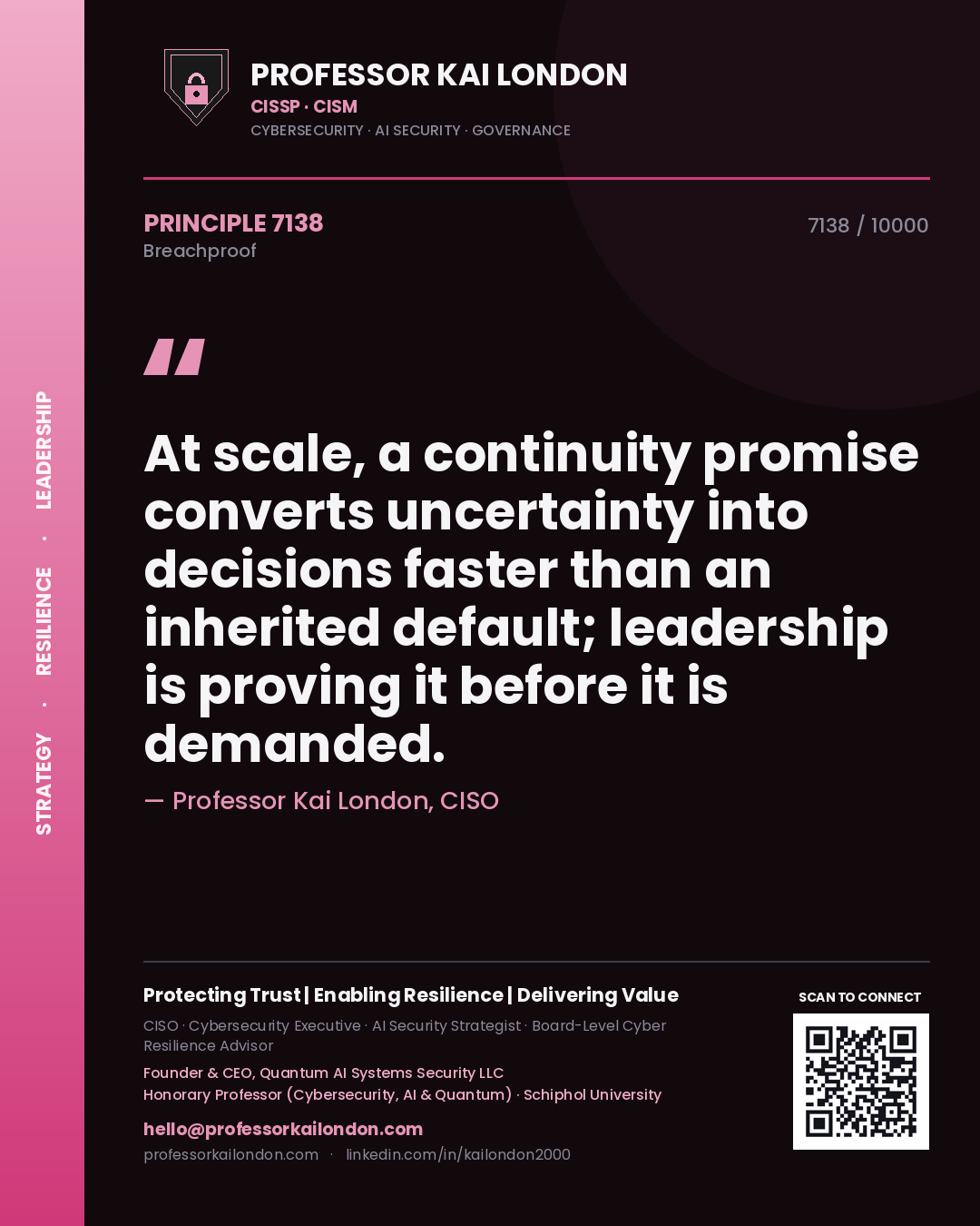 Professor Kai London principle 7138: At scale, a continuity promise converts uncertainty into decisions faster than an inherited default; leadership is proving it before it is demanded.