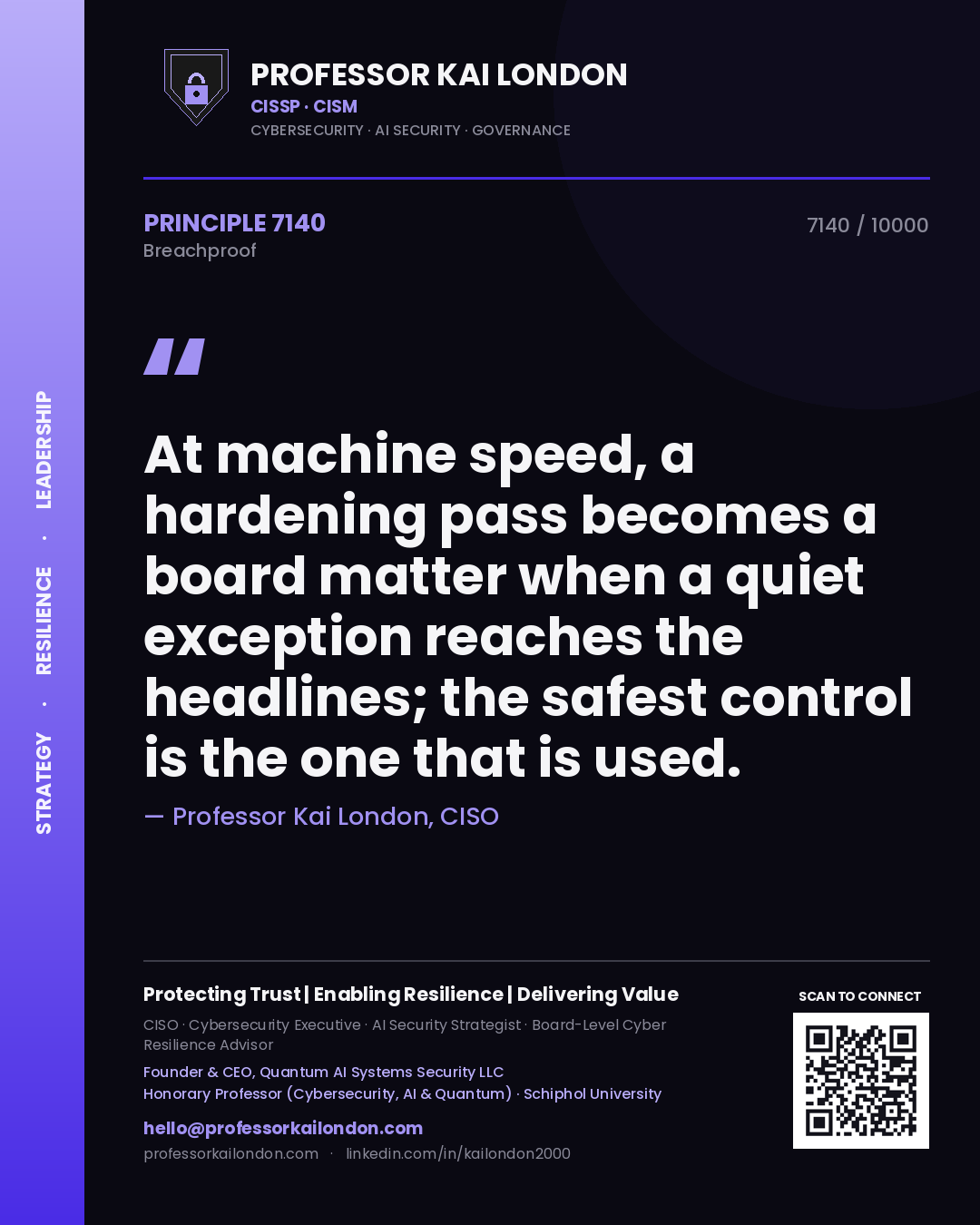 Professor Kai London principle 7140: At machine speed, a hardening pass becomes a board matter when a quiet exception reaches the headlines; the safest control is the one that is used.