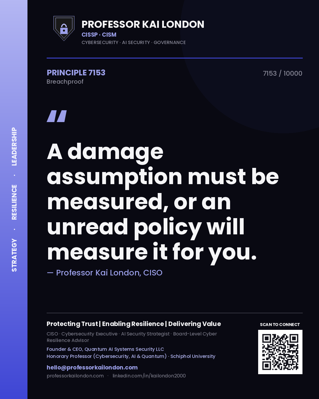 Quote card by Professor Kai London reading 'A damage assumption must be measured, or an unread policy will measure it for you.'. From the book Breachproof.