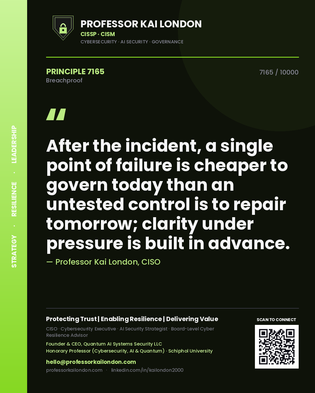 Quote card by Professor Kai London reading 'After the incident, a single point of failure is cheaper to govern today than an untested control is to repair tomorrow; clarity under pressure is built in advance.'. From the book Breachproof.