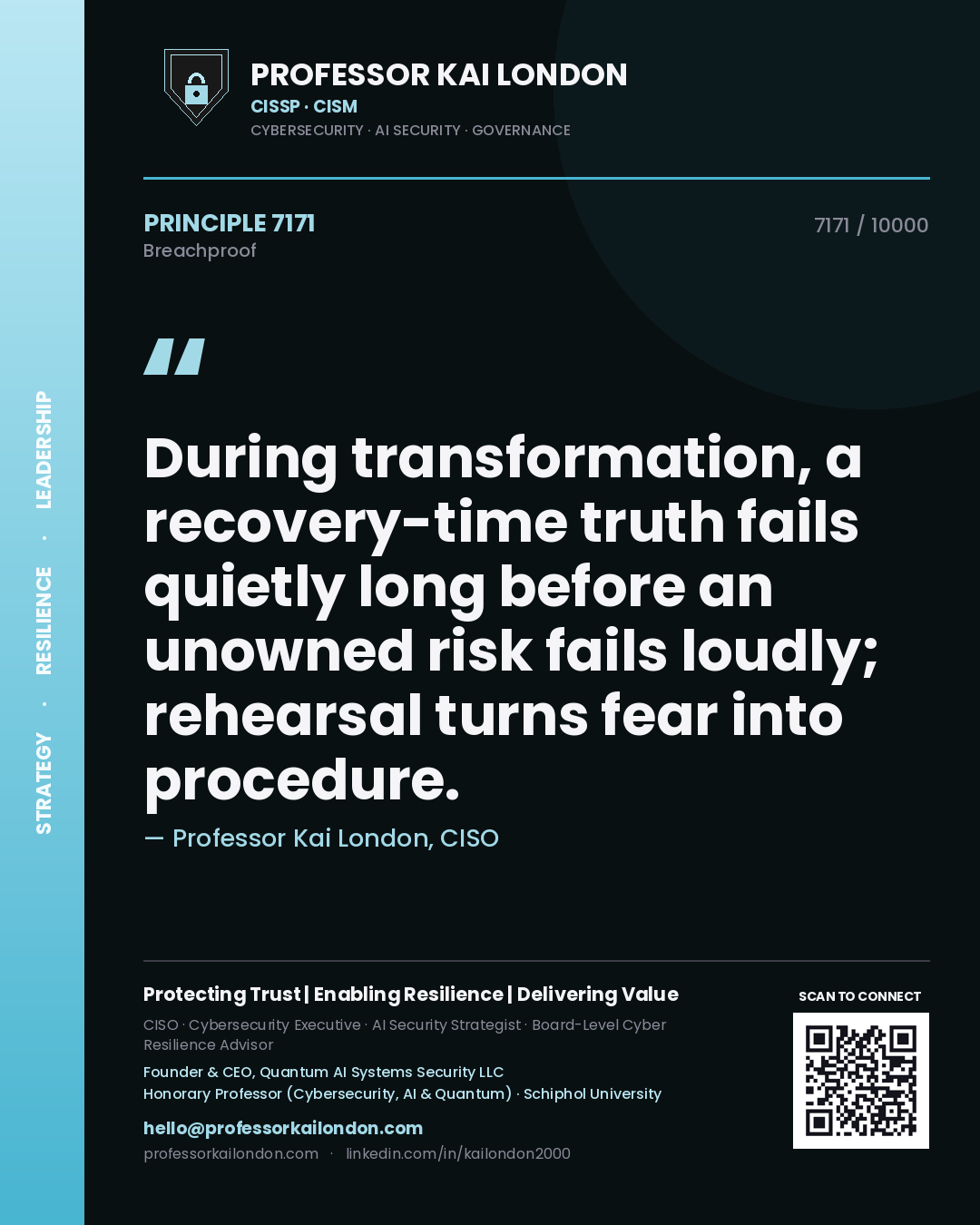 Quote card by Professor Kai London reading 'During transformation, a recovery-time truth fails quietly long before an unowned risk fails loudly; rehearsal turns fear into procedure.'. From the book Breachproof.