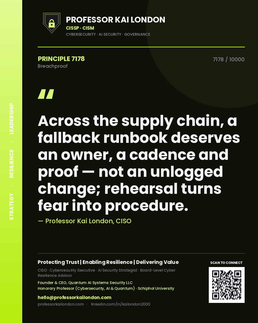 Quote card by Professor Kai London reading 'Across the supply chain, a fallback runbook deserves an owner, a cadence and proof — not an unlogged change; rehearsal turns fear into procedure.'. From the book Breachproof.