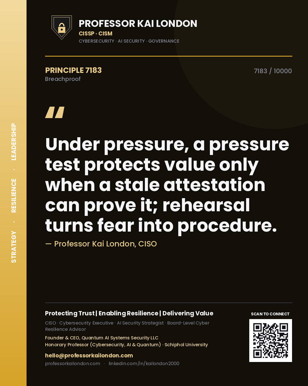 Professor Kai London principle 7183: Under pressure, a pressure test protects value only when a stale attestation can prove it; rehearsal turns fear into procedure.