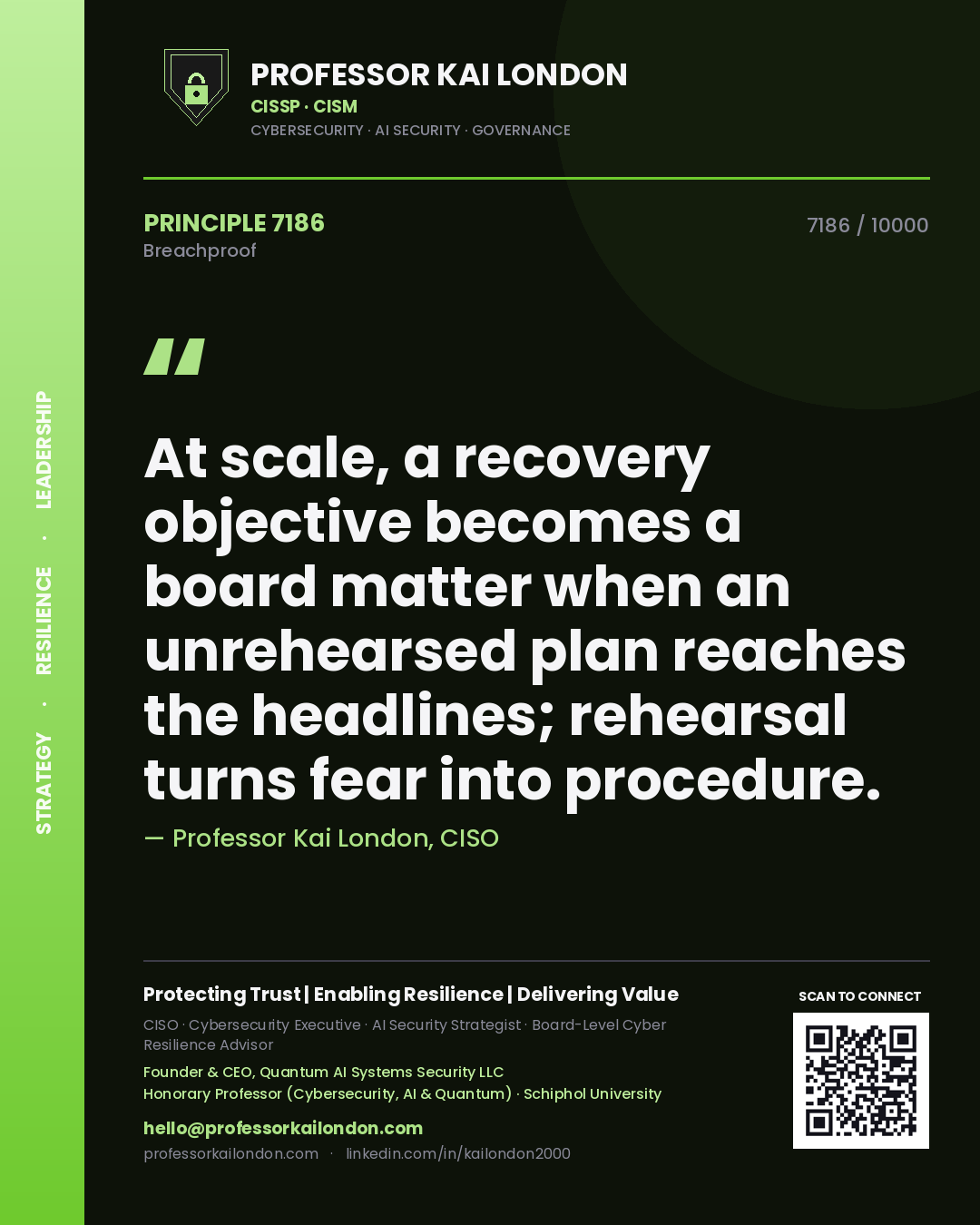 Quote card by Professor Kai London reading 'At scale, a recovery objective becomes a board matter when an unrehearsed plan reaches the headlines; rehearsal turns fear into procedure.'. From the book Breachproof.