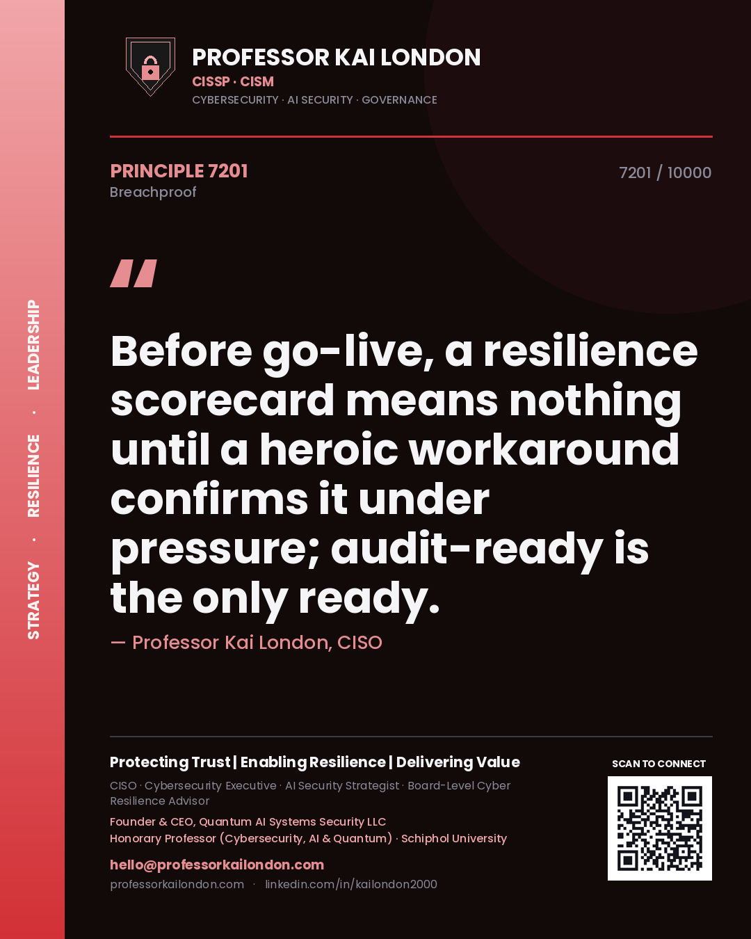 Quote card by Professor Kai London reading 'Before go-live, a resilience scorecard means nothing until a heroic workaround confirms it under pressure; audit-ready is the only ready.'. From the book Breachproof.