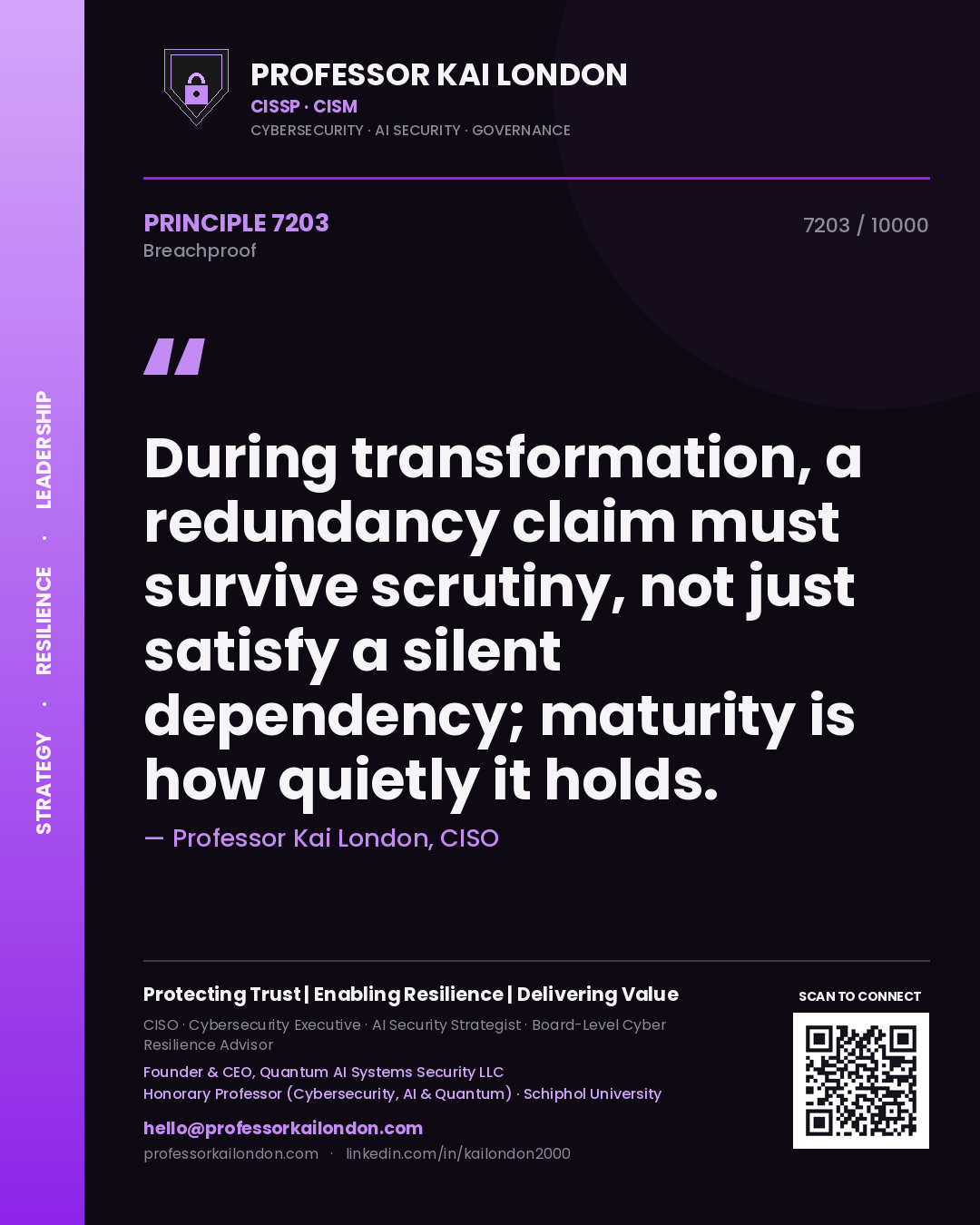 Quote card by Professor Kai London reading 'During transformation, a redundancy claim must survive scrutiny, not just satisfy a silent dependency; maturity is how quietly it holds.'. From the book Breachproof.