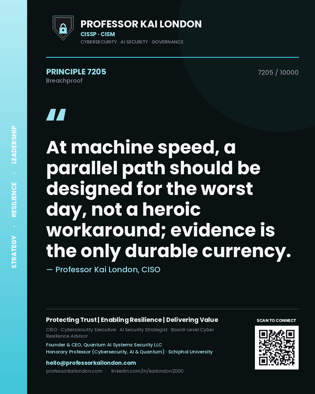 Professor Kai London principle 7205: At machine speed, a parallel path should be designed for the worst day, not a heroic workaround; evidence is the only durable currency.
