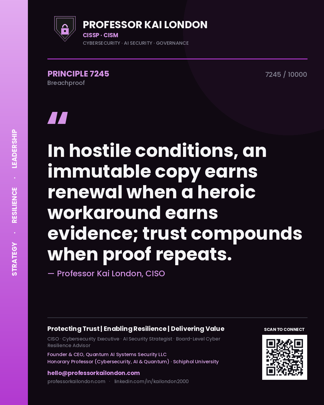 Professor Kai London principle 7245: In hostile conditions, an immutable copy earns renewal when a heroic workaround earns evidence; trust compounds when proof repeats.