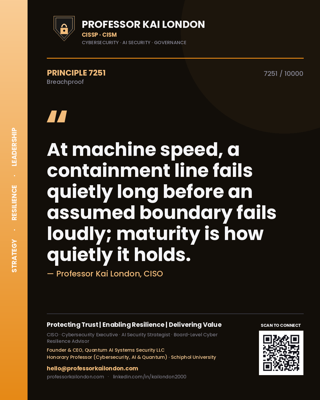 Professor Kai London principle 7251: At machine speed, a containment line fails quietly long before an assumed boundary fails loudly; maturity is how quietly it holds.