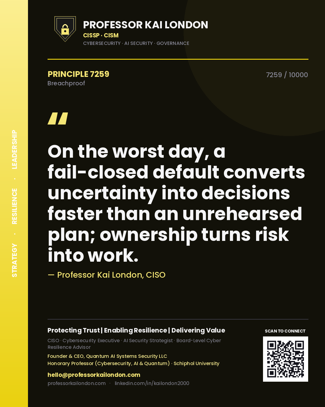 Professor Kai London principle 7259: On the worst day, a fail-closed default converts uncertainty into decisions faster than an unrehearsed plan; ownership turns risk into work.