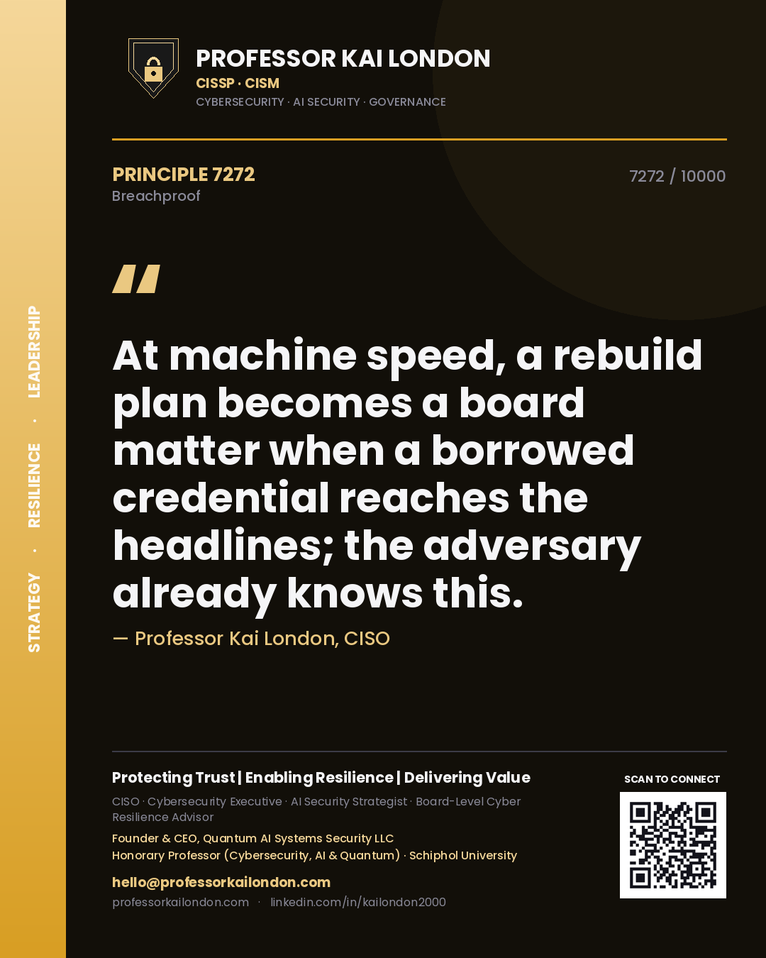 Quote card by Professor Kai London reading 'At machine speed, a rebuild plan becomes a board matter when a borrowed credential reaches the headlines; the adversary already knows this.'. From the book Breachproof.