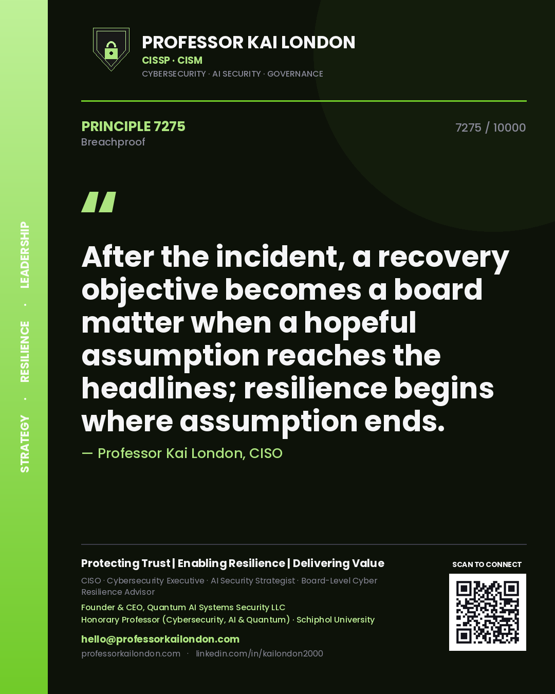 Quote card by Professor Kai London reading 'After the incident, a recovery objective becomes a board matter when a hopeful assumption reaches the headlines; resilience begins where assumption ends.'. From the book Breachproof.