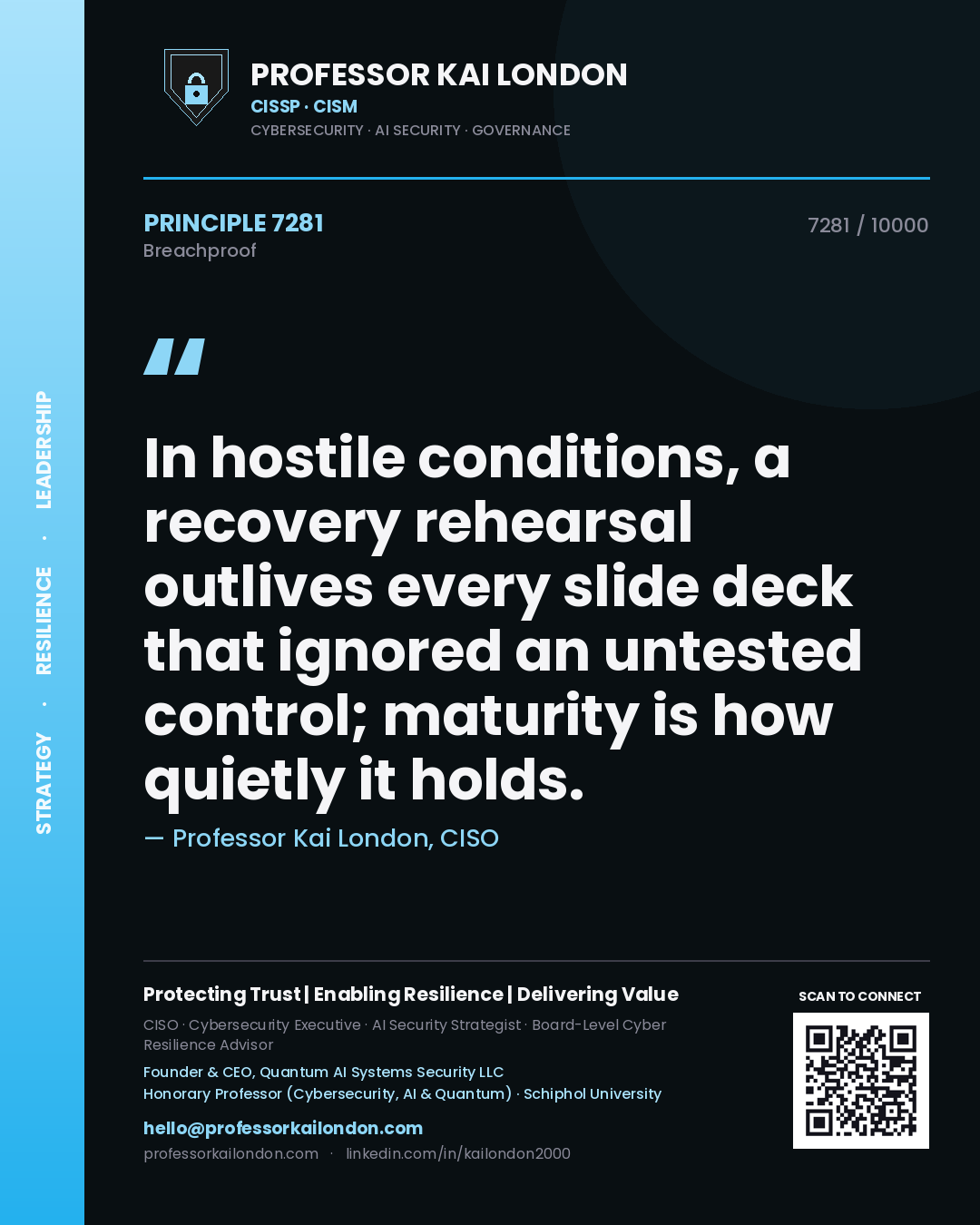Quote card by Professor Kai London reading 'In hostile conditions, a recovery rehearsal outlives every slide deck that ignored an untested control; maturity is how quietly it holds.'. From the book Breachproof.
