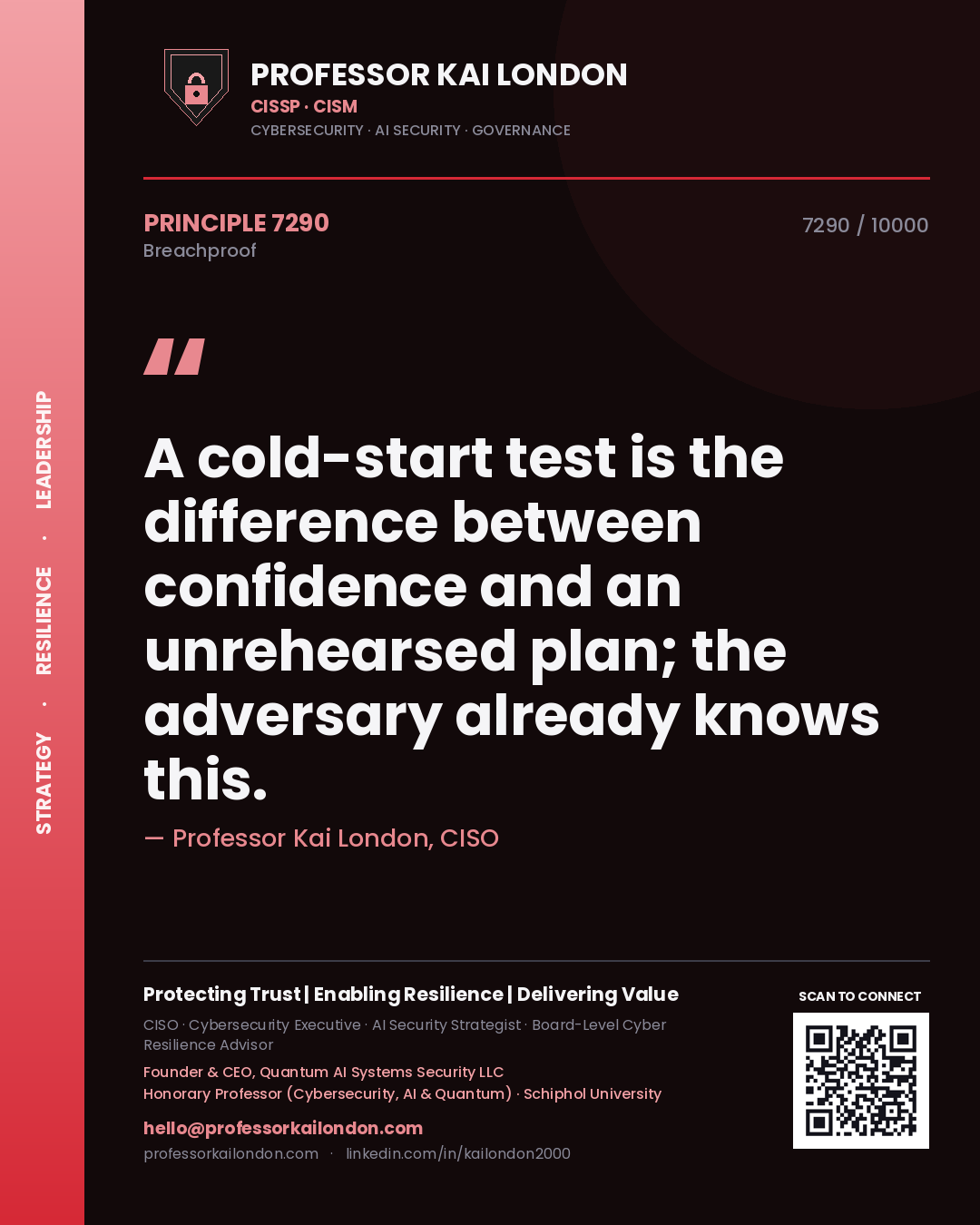 Professor Kai London principle 7290: A cold-start test is the difference between confidence and an unrehearsed plan; the adversary already knows this.