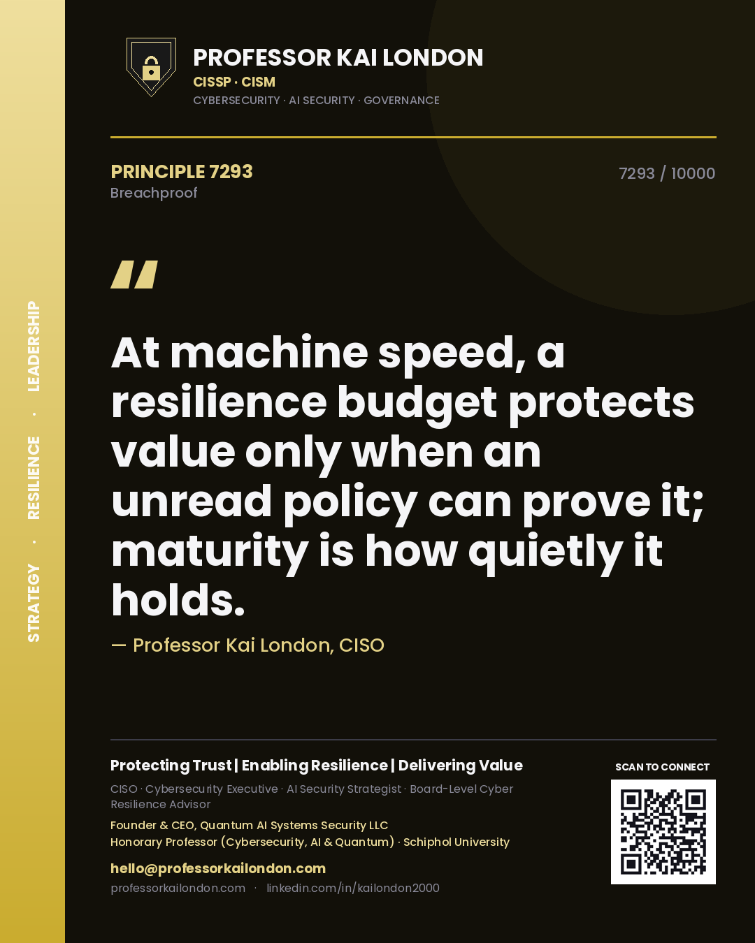 Professor Kai London principle 7293: At machine speed, a resilience budget protects value only when an unread policy can prove it; maturity is how quietly it holds.