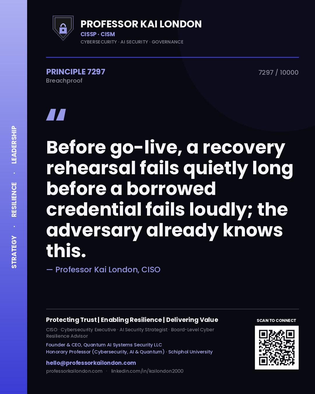 Quote card by Professor Kai London reading 'Before go-live, a recovery rehearsal fails quietly long before a borrowed credential fails loudly; the adversary already knows this.'. From the book Breachproof.