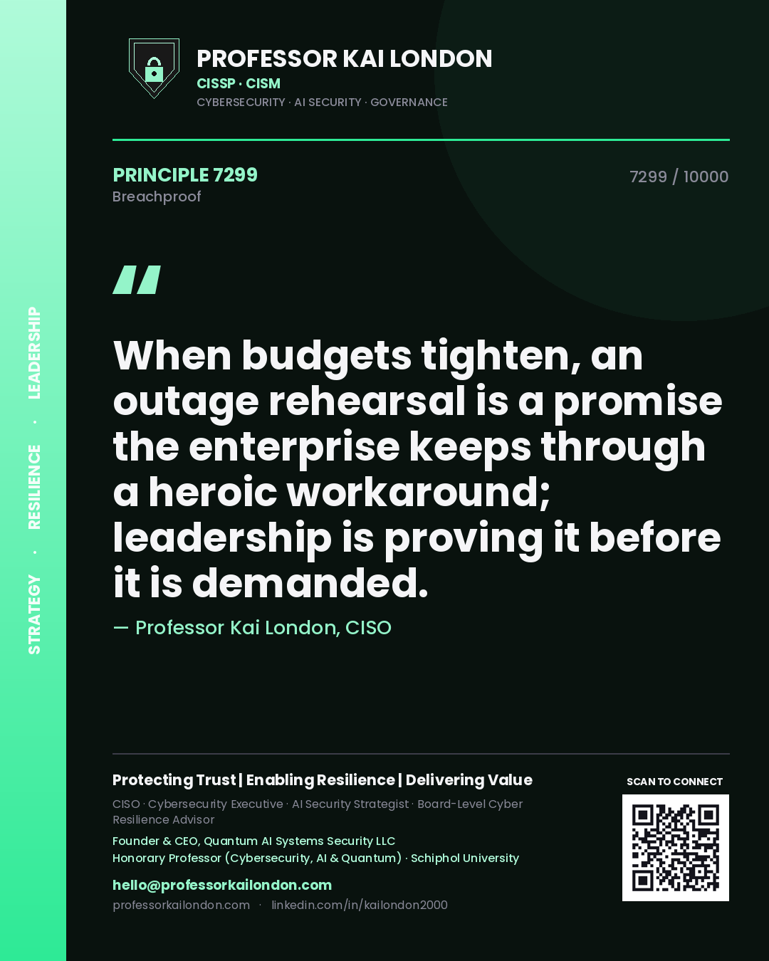 Quote card by Professor Kai London reading 'When budgets tighten, an outage rehearsal is a promise the enterprise keeps through a heroic workaround; leadership is proving it before it is demanded.'. From the book Breachproof.