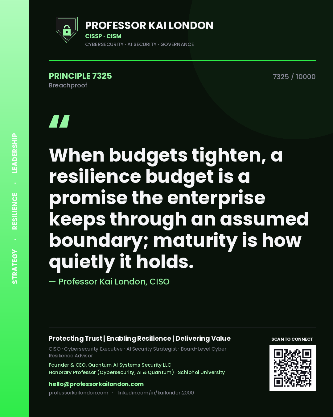 Quote card by Professor Kai London reading 'When budgets tighten, a resilience budget is a promise the enterprise keeps through an assumed boundary; maturity is how quietly it holds.'. From the book Breachproof.