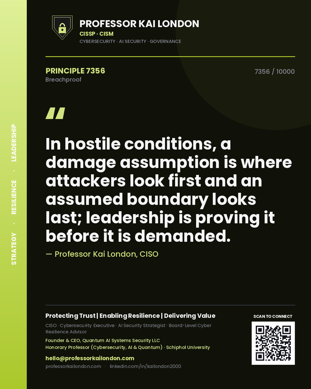 Quote card by Professor Kai London reading 'In hostile conditions, a damage assumption is where attackers look first and an assumed boundary looks last; leadership is proving it before it is demanded.'. From the book Breachproof.