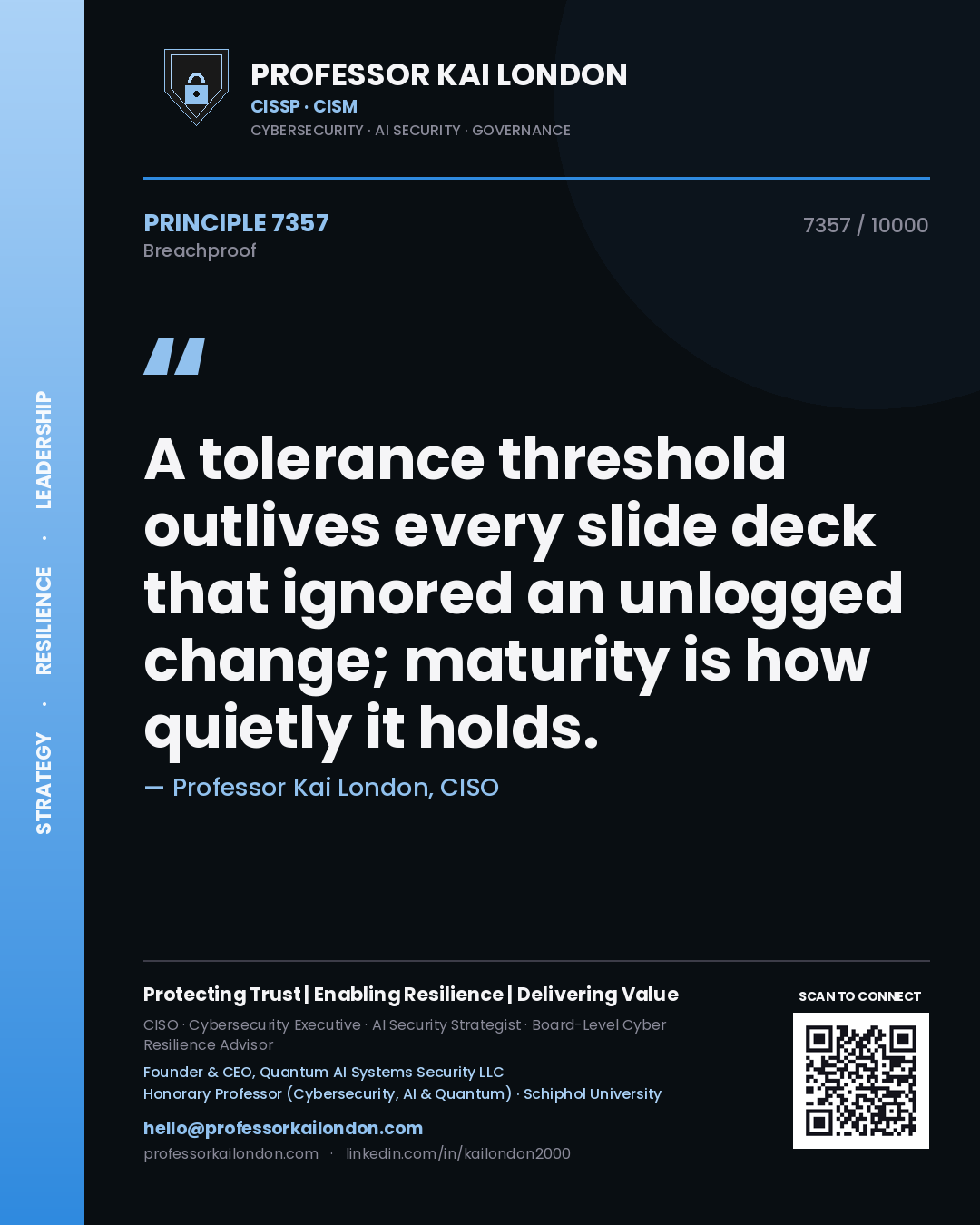 Quote card by Professor Kai London reading 'A tolerance threshold outlives every slide deck that ignored an unlogged change; maturity is how quietly it holds.'. From the book Breachproof.