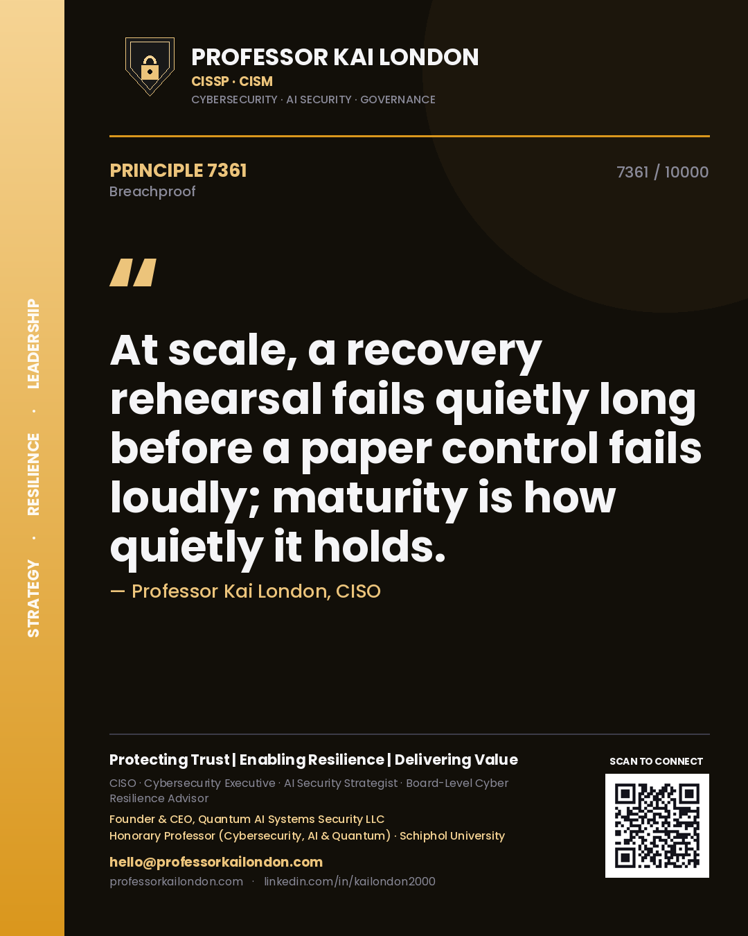 Quote card by Professor Kai London reading 'At scale, a recovery rehearsal fails quietly long before a paper control fails loudly; maturity is how quietly it holds.'. From the book Breachproof.