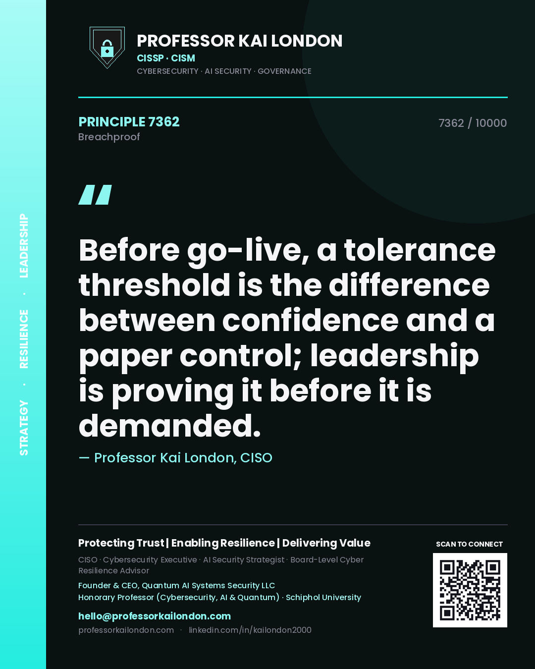 Quote card by Professor Kai London reading 'Before go-live, a tolerance threshold is the difference between confidence and a paper control; leadership is proving it before it is demanded.'. From the book Breachproof.