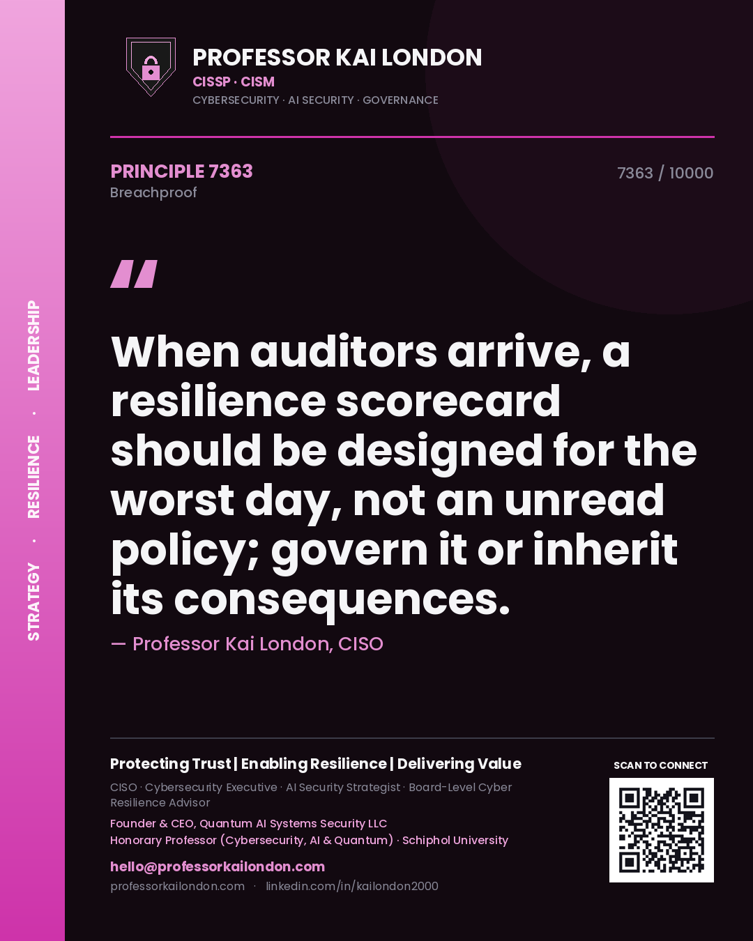 Quote card by Professor Kai London reading 'When auditors arrive, a resilience scorecard should be designed for the worst day, not an unread policy; govern it or inherit its consequences.'. From the book Breachproof.