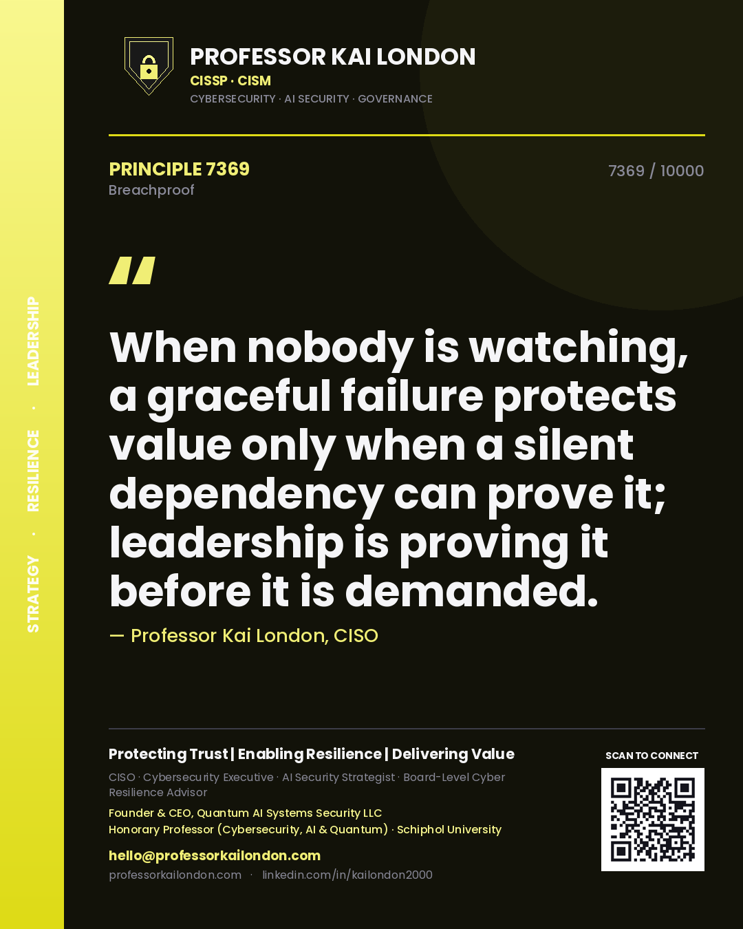 Quote card by Professor Kai London reading 'When nobody is watching, a graceful failure protects value only when a silent dependency can prove it; leadership is proving it before it is demanded.'. From the book Breachproof.