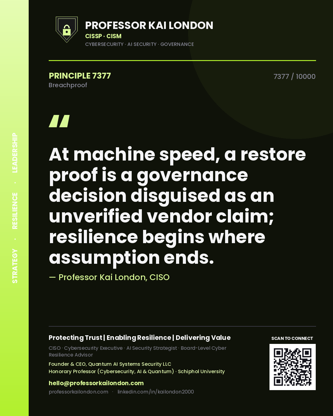 Quote card by Professor Kai London reading 'At machine speed, a restore proof is a governance decision disguised as an unverified vendor claim; resilience begins where assumption ends.'. From the book Breachproof.