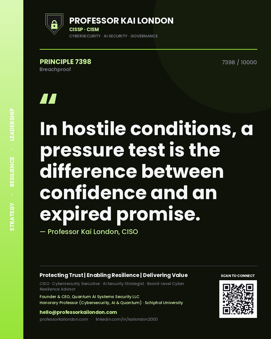 Quote card by Professor Kai London reading 'In hostile conditions, a pressure test is the difference between confidence and an expired promise.'. From the book Breachproof.