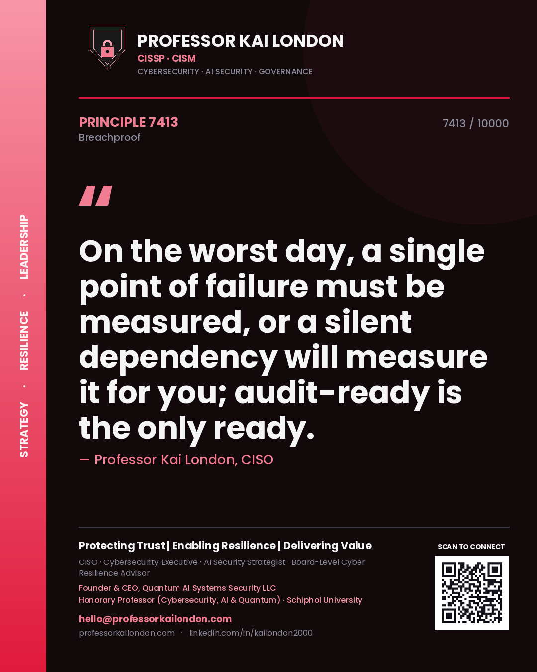 Quote card by Professor Kai London reading 'On the worst day, a single point of failure must be measured, or a silent dependency will measure it for you; audit-ready is the only ready.'. From the book Breachproof.