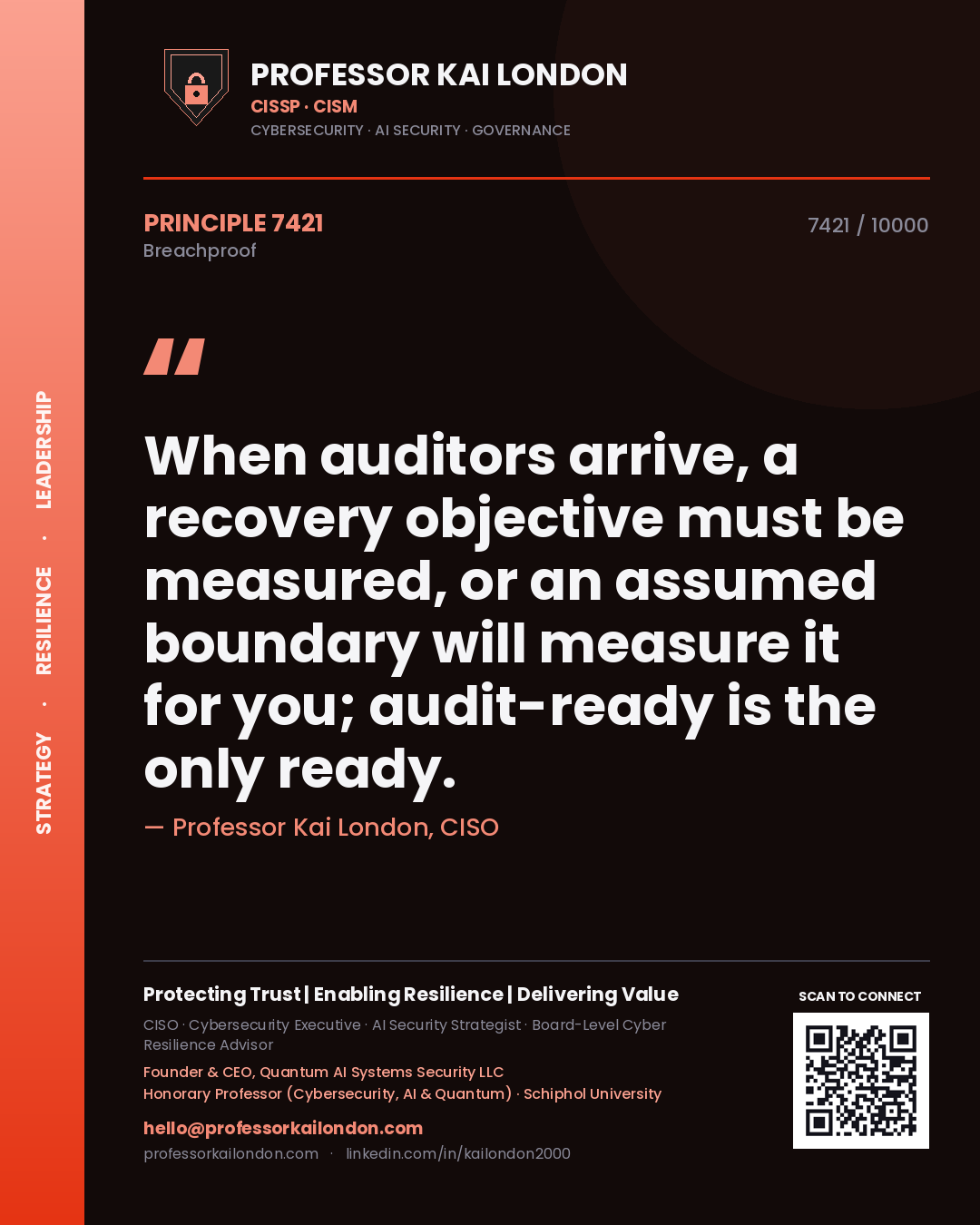Professor Kai London principle 7421: When auditors arrive, a recovery objective must be measured, or an assumed boundary will measure it for you; audit-ready is the only ready.