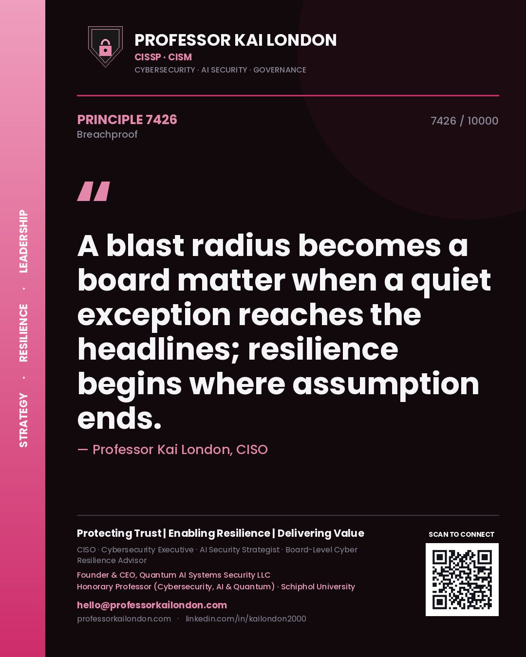 Quote card by Professor Kai London reading 'A blast radius becomes a board matter when a quiet exception reaches the headlines; resilience begins where assumption ends.'. From the book Breachproof.