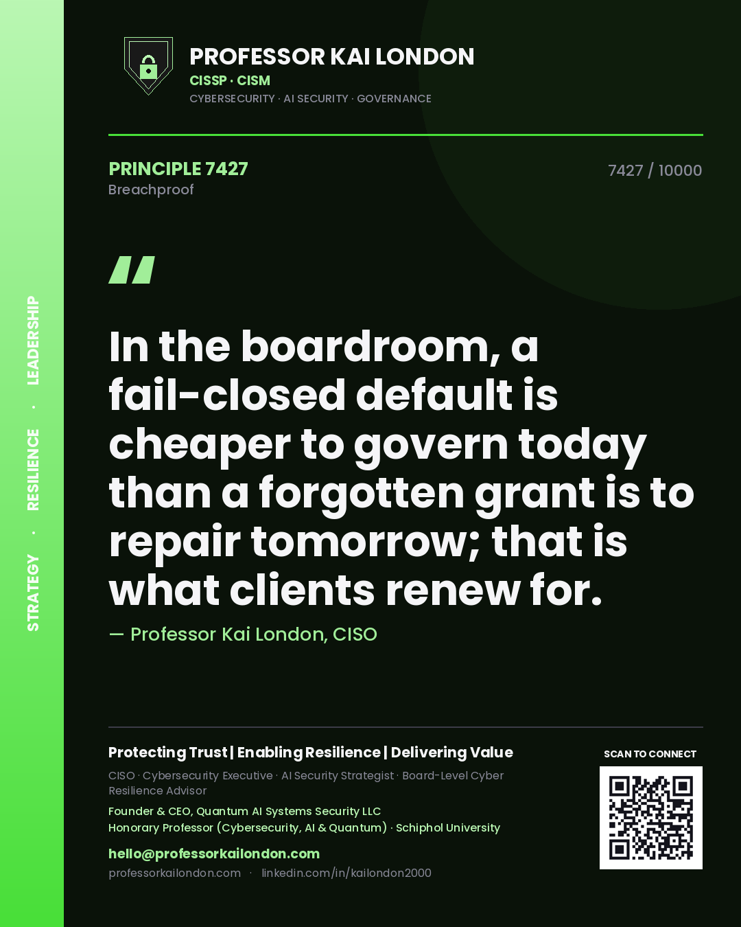Quote card by Professor Kai London reading 'In the boardroom, a fail-closed default is cheaper to govern today than a forgotten grant is to repair tomorrow; that is what clients renew for.'. From the book Breachproof.