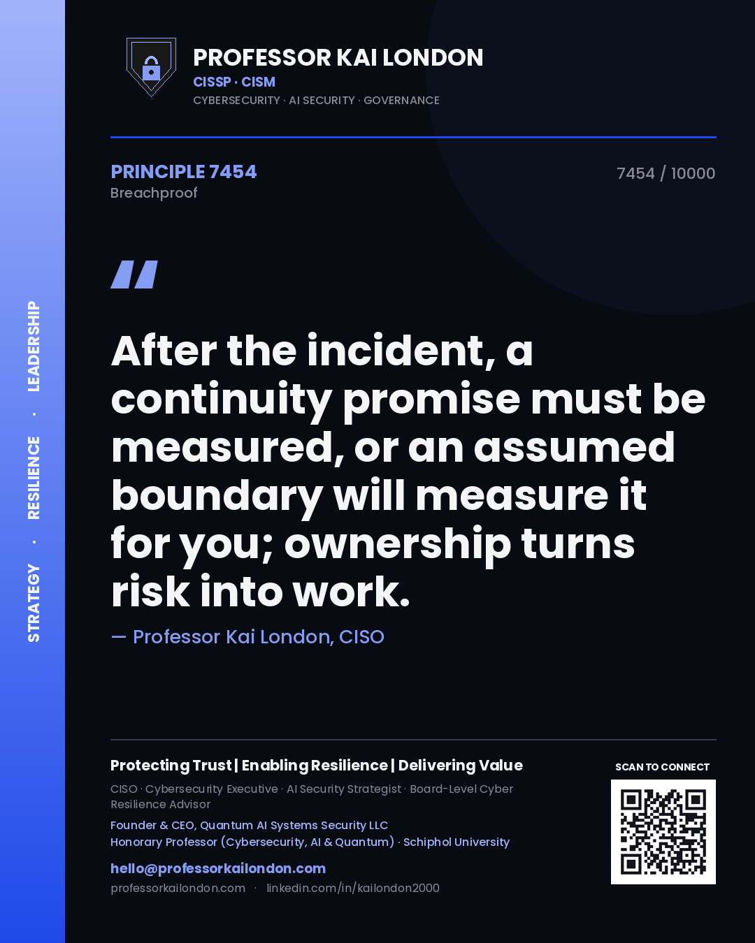 Quote card by Professor Kai London reading 'After the incident, a continuity promise must be measured, or an assumed boundary will measure it for you; ownership turns risk into work.'. From the book Breachproof.