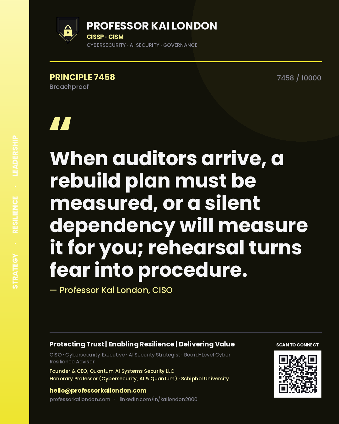 Quote card by Professor Kai London reading 'When auditors arrive, a rebuild plan must be measured, or a silent dependency will measure it for you; rehearsal turns fear into procedure.'. From the book Breachproof.