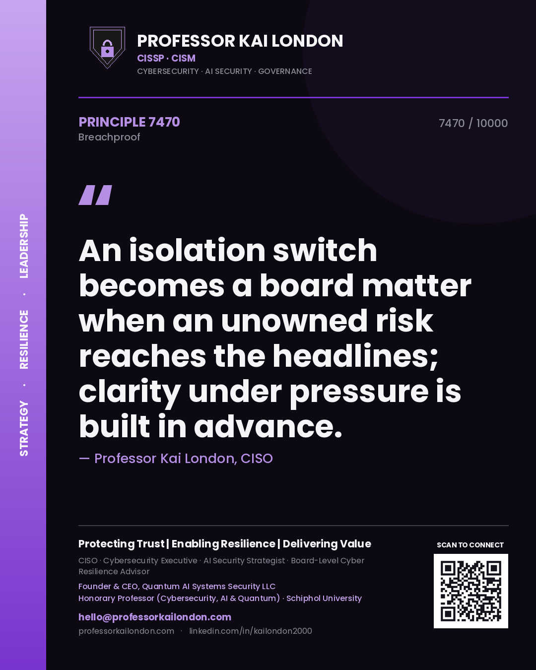 Professor Kai London principle 7470: An isolation switch becomes a board matter when an unowned risk reaches the headlines; clarity under pressure is built in advance.